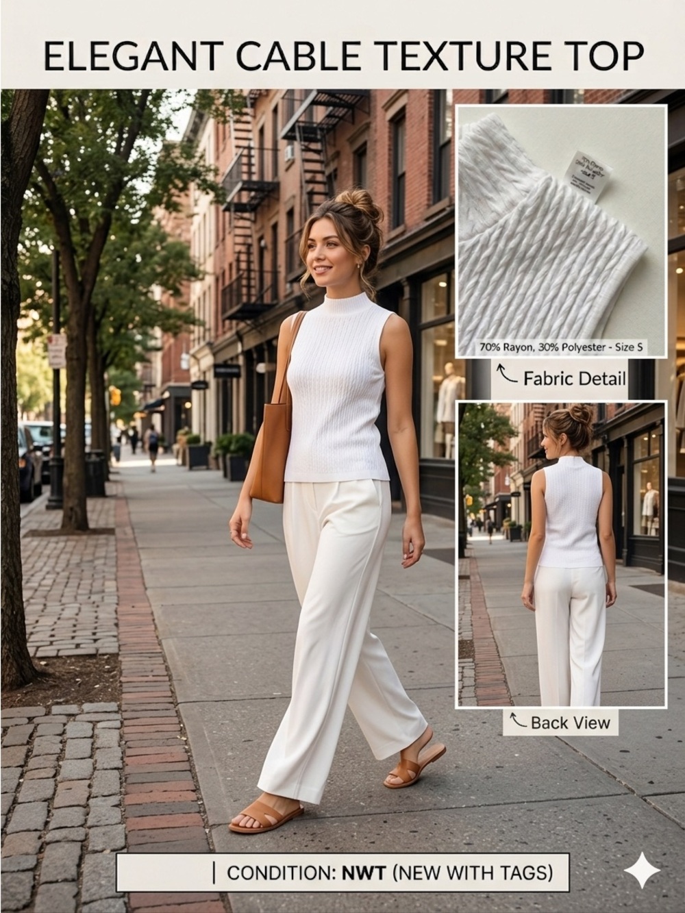 Cable Texture Mock-Neck Sleeveless Top - White